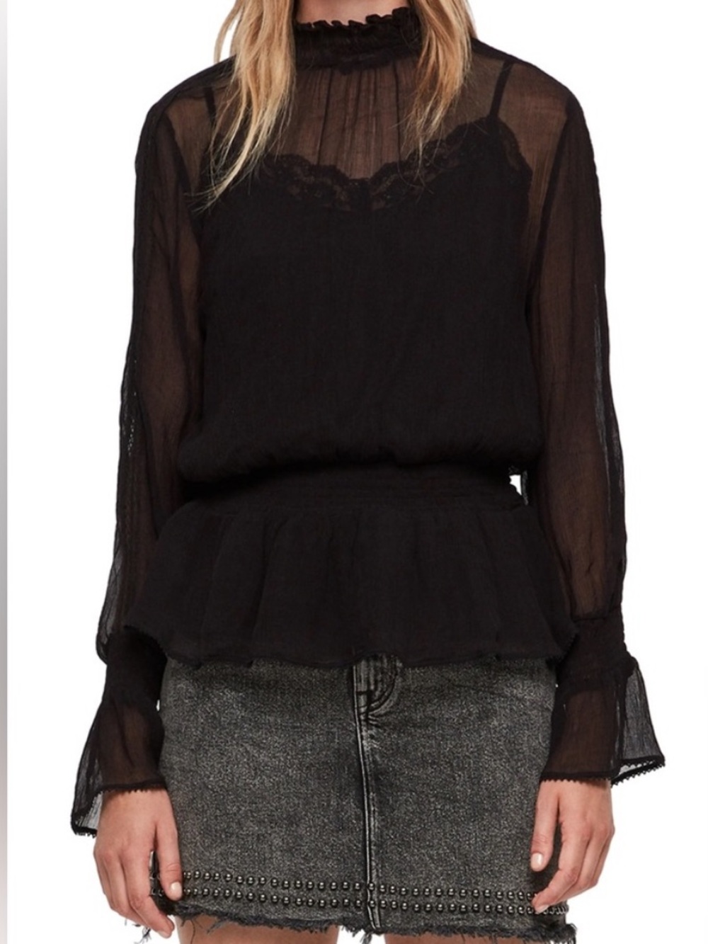 All saints Clarette Smocked Waist - Black Long Bell Sleeve Sheer Top - small